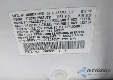 2012 Honda Pilot Touring z USA, uszkodzony, nr VIN 5FNYF3H92CB016521